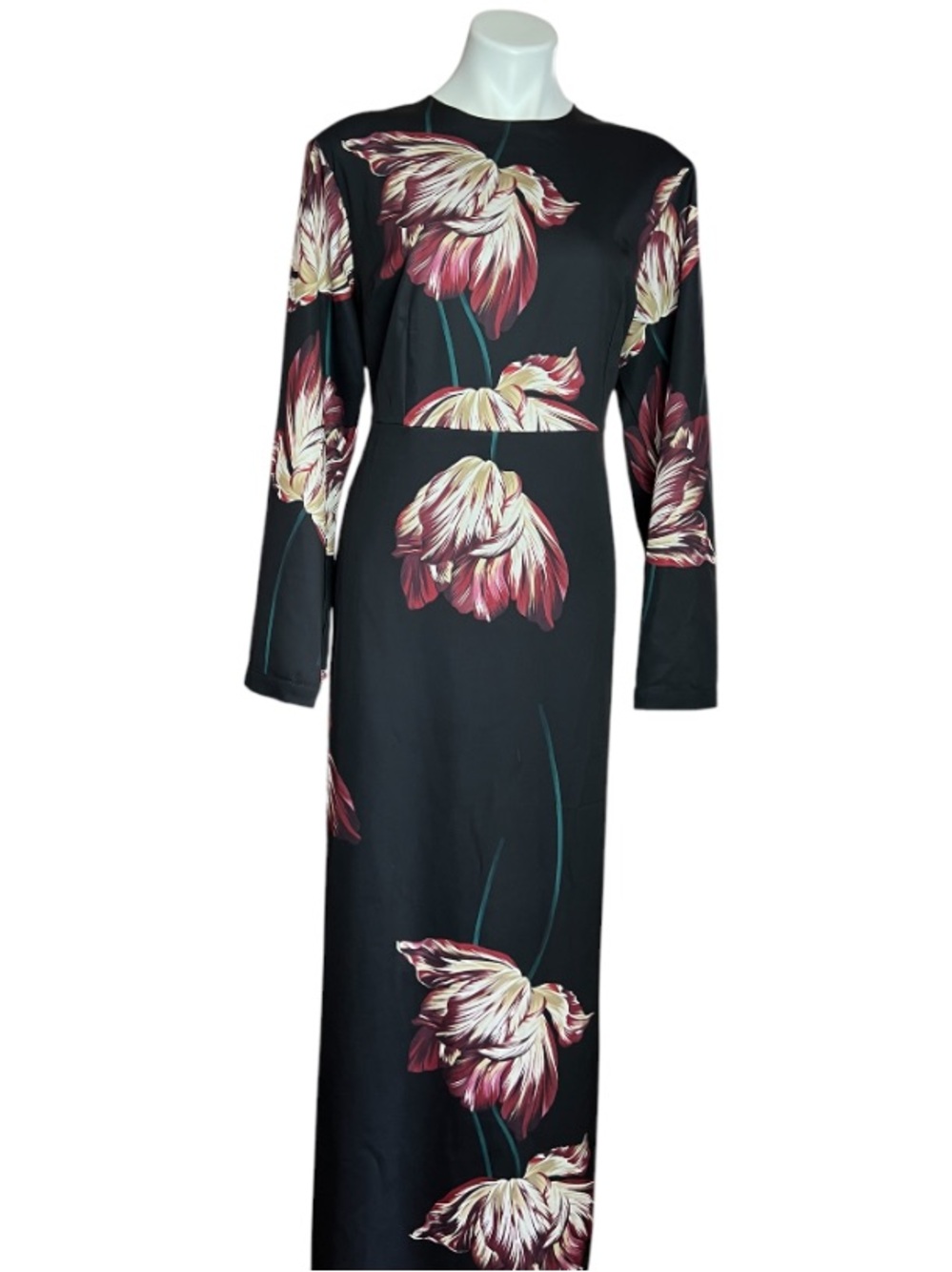 Annah Hariri Floral Maxi Dress Black Pink Long Sleeve Modest Lined US 18
